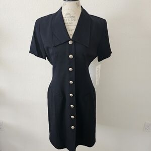 Vintage Macy's Nicole Studio Black Button Up Dress short sleeve silver buttons 8